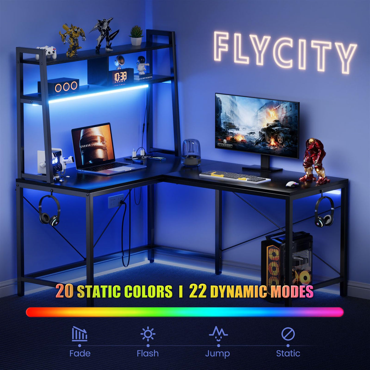Flycity L Shaped Desk Gaming Desk, 50 Inch Corner Computer Desk with Electrical Outlet & LED Lights, L Shaped Gaming Desk with Storage Racks & Dual-End Hooks Adaptable to Home Office & Gaming, Black Flycity