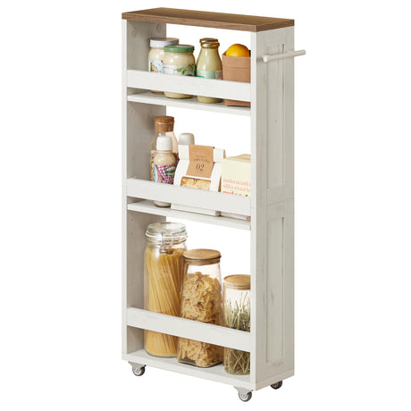VASAGLE 4-Tier Slide-Out Storage Cart, Slim Kitchen Cart for Small Spaces, with Wheels, Handle, Bathroom, Laundry Room, 5.9 x 17 x 34.1 Inches, Rustic White and Honey Brown ULRC050K01 VASAGLE
