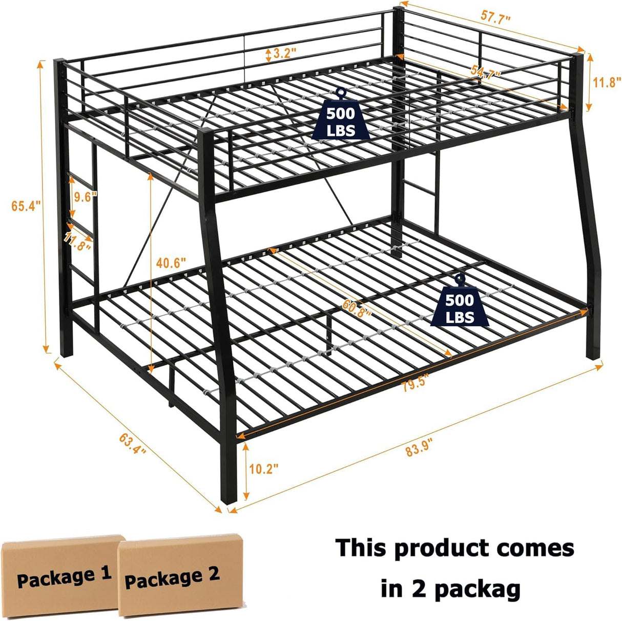 FUSVZ Metal Full XL Over Queen Bunk Beds for Adults and Teens, Modern Style Metal Bunk Bed Full XL Over Queen Size, Heavy-Duty Bunk Beds Frame with 2 Ladders for Kids Boys Girls Teens Adults (Black) FUSVZ