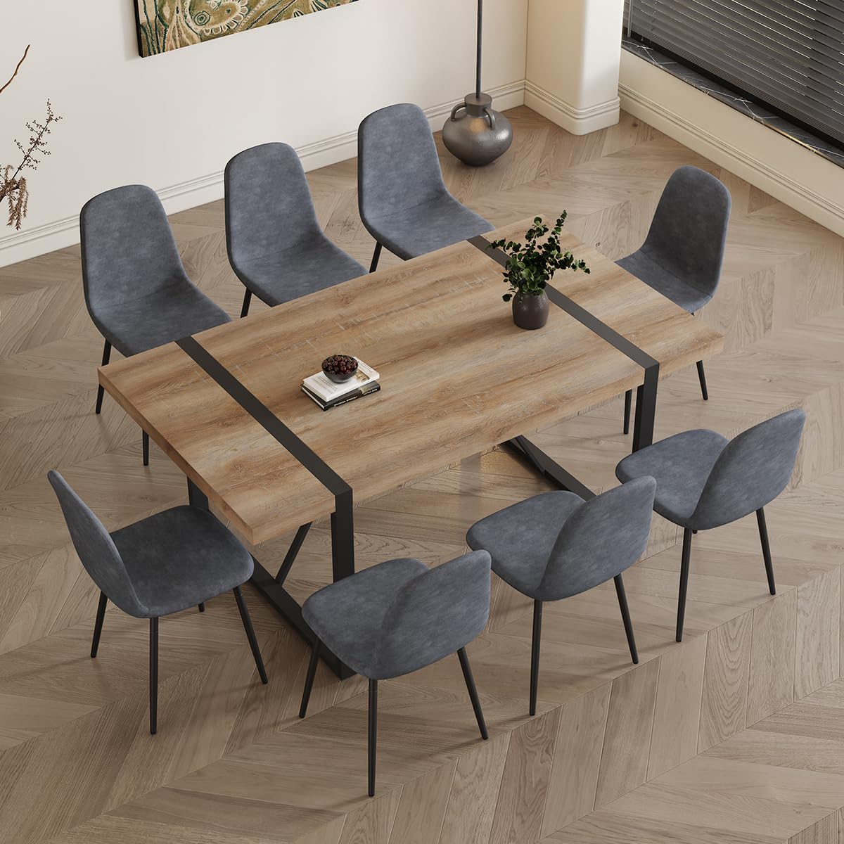 UELKS Dining Table Set for 8，9 Piece Dining Table Set，71'' Kitchen Table and Suede Nap Fabic Chairs Set of 8，for Kitchen Dining Room UELKS