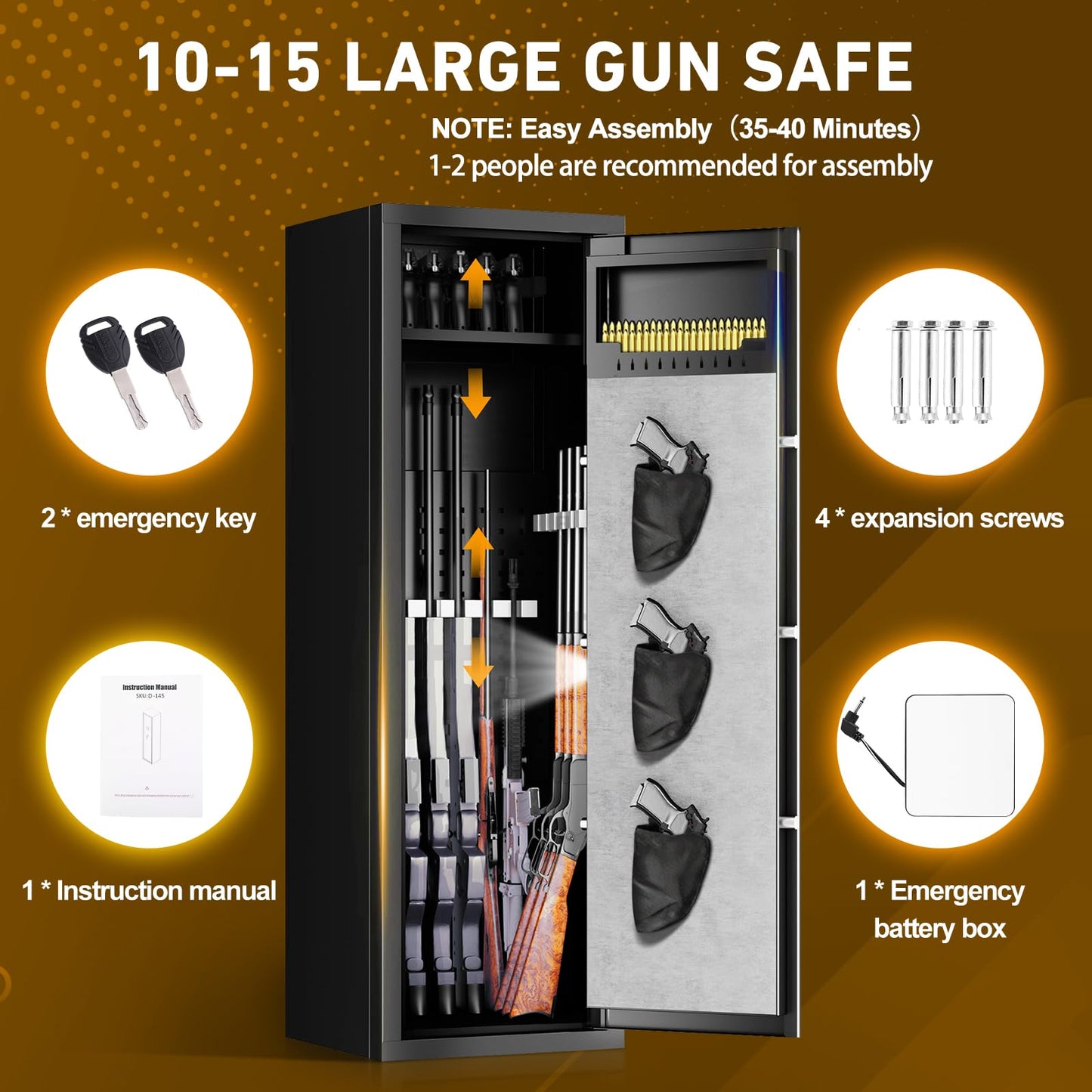 10-15 Gun Biometric Safe Unassembled Large Rifle Gun Safes with Dual Alarm, Mute Function, and LED Light for Home