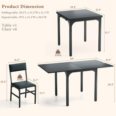 7-Piece Dining Table Set for 4-6, Extendable Kitchen Table Cushion Chairs Set of 6 with 6 Chairs, Rectangle Dining Table with Metal Frame & MDF Board, Folding for Small Apartment Saving Space, Black HUAHUU