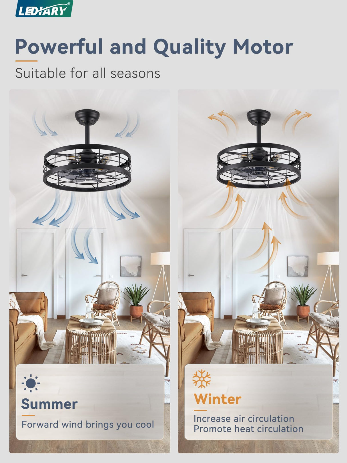 LEDIARY 20 inch Fandelier Caged Ceiling Fan with Light, Bladeless Ceiling Fan with Remote, Farmhouse Fan Lights Ceiling Fixtures for Kitchen, Bedroom, Outdoor(6 Speed, Timing)-Black LEDIARY