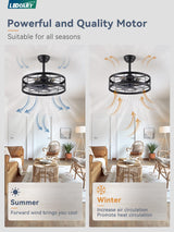 LEDIARY 20 inch Fandelier Caged Ceiling Fan with Light, Bladeless Ceiling Fan with Remote, Farmhouse Fan Lights Ceiling Fixtures for Kitchen, Bedroom, Outdoor(6 Speed, Timing)-Black LEDIARY