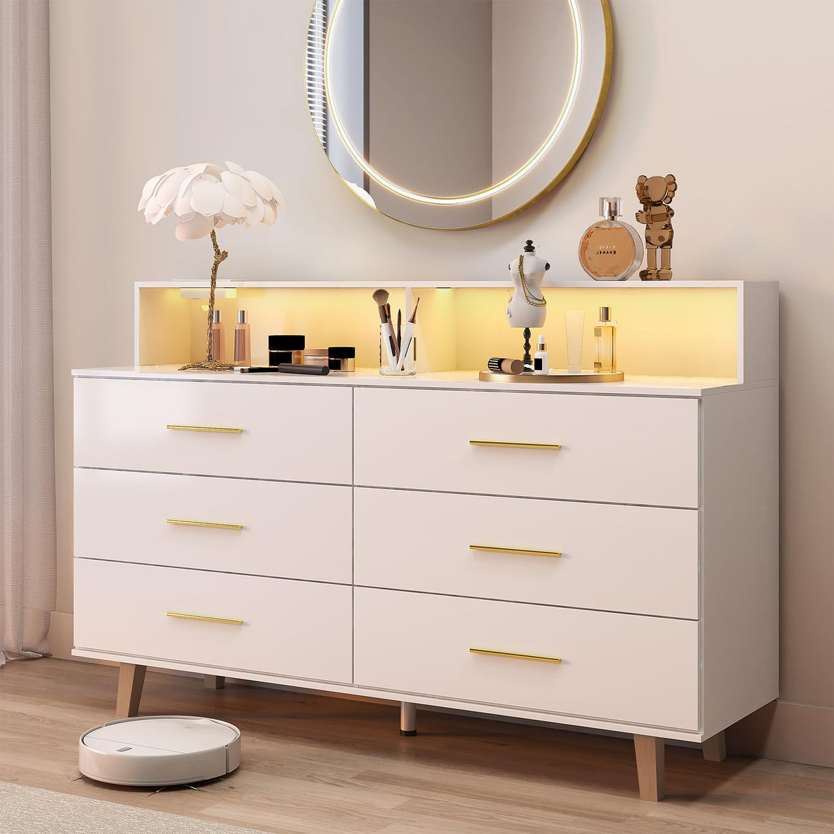 UNIQUITE 6 Drawers Dresser with LED Light and Power Outlet, Wood White Dressers for Bedroom & Chests of Drawers, Large Double Dressers for Bedroom, Living Room, Entryway, Hallway UNIQUITE