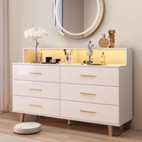 UNIQUITE 6 Drawers Dresser with LED Light and Power Outlet, Wood White Dressers for Bedroom & Chests of Drawers, Large Double Dressers for Bedroom, Living Room, Entryway, Hallway UNIQUITE