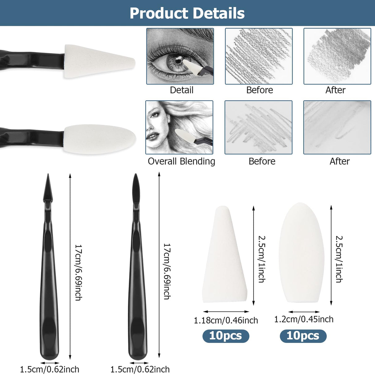 AGPTEK 48 PCS Sketch Drawing Tools, 20 Blending Stumps Set and 2 Sandpaper Pencil Sharpeners, Pencil Extension, Erasers,20 sponge replacement heads & 1 Felt Bag for Student Sketch Drawing Accessories AGPTEK