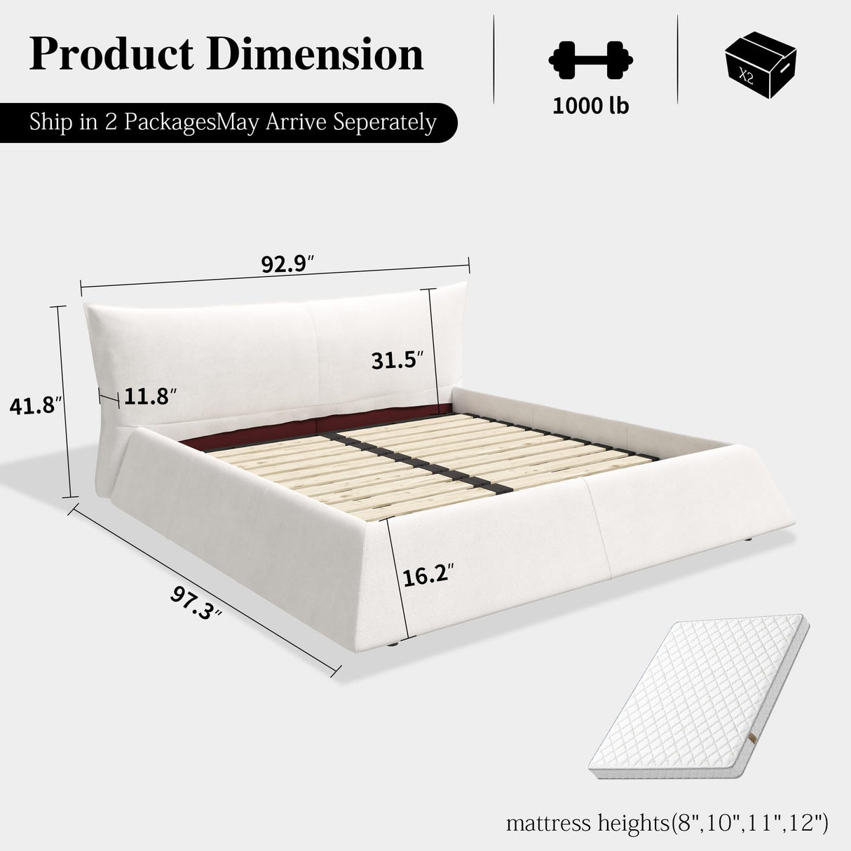 SmartEdge King Size Cloud Bed Frame with Oversized Soft Velvet Thick Headboard, Modern Luxury King Size Upholstered Platform Bed, Elegant Design Soft Bedframe, No Box Spring Needed, Cream SmartEdge
