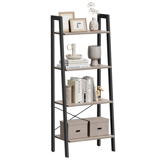 VASAGLE Ladder Shelf, 4-Tier Bookshelf, Storage Rack, Bookcase with Steel Frame, for Living Room, Home Office, Kitchen, Bedroom, Industrial Style, Greige and Black ULLS44MB