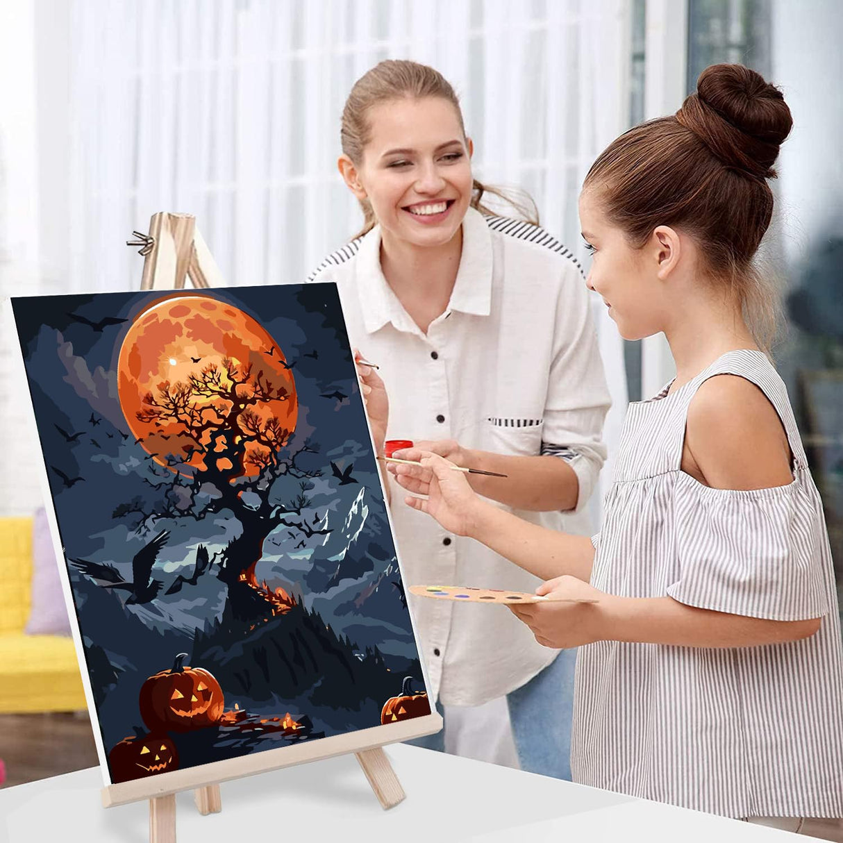 Halloween Paint by Numbers for Adults with Framed Canvas-with Wooden Easel,Paint by Numbers Kits Framed Canvas,DIY Acrylic Oil Painting Kits with Brushes Nice Gift Box for Home Wall Decor(12x16 Inch) MIRCVSH