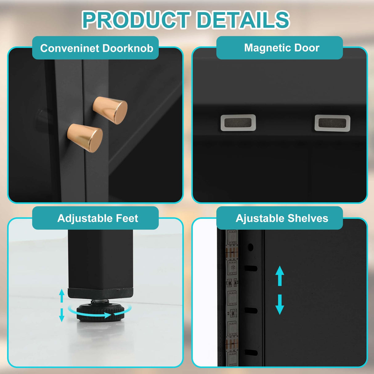 Desirable Life Display Cabinet with Glass Doors, Metal Storage Cabinet with 4 Adjustable Shelves, 5 Tier Curio Cabinet with LED Lights, 67” Tall Display Case for Collectibles, Black Desirable Life