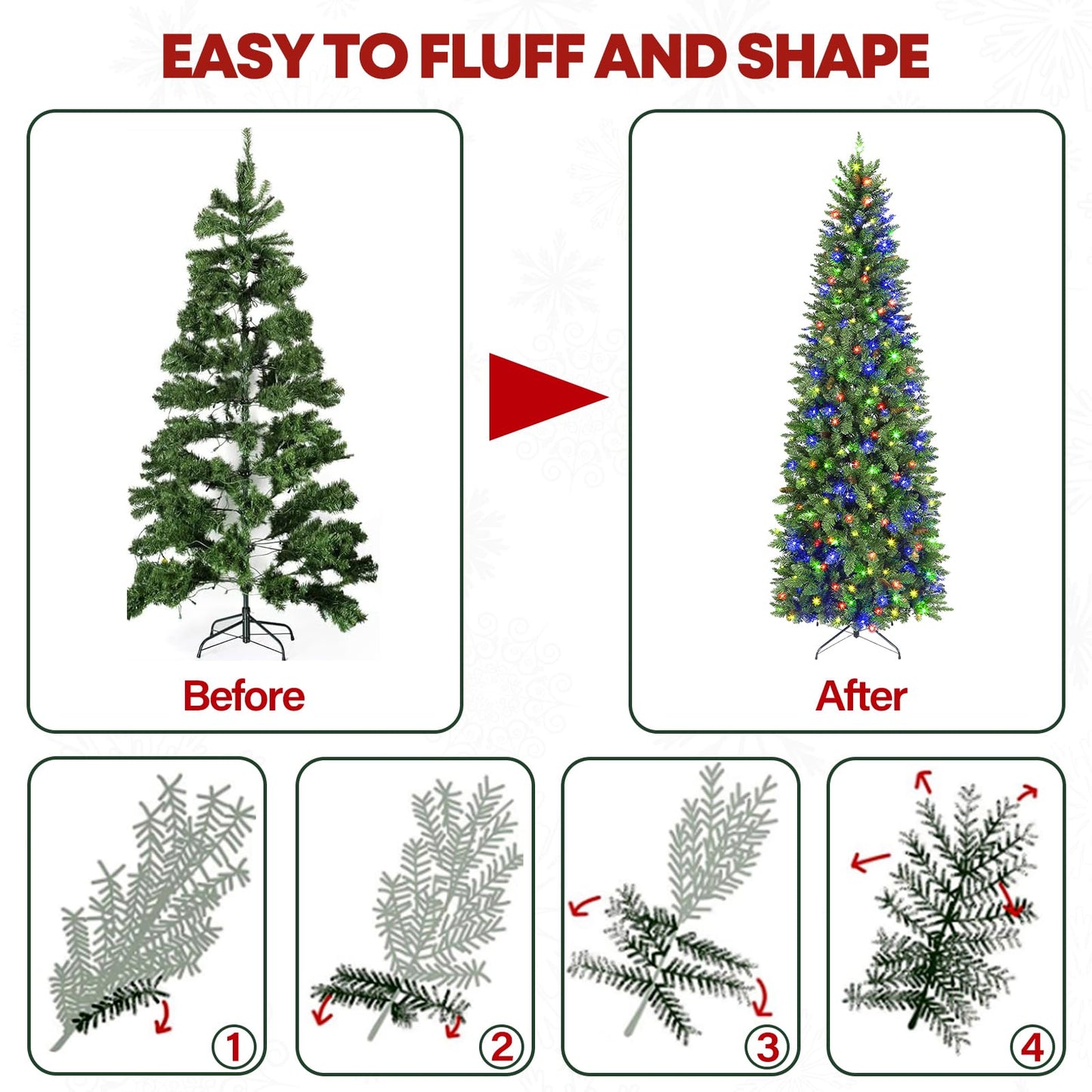 VIVATREES 7.5ft Prelit Pencil Christmas Tree with 300 Multicolor LED Lights, Artificial Green Slim Christmas Tree with 792 PVC Branch Tips, Metal Stand and Hinged Branches, 10 Color Modes