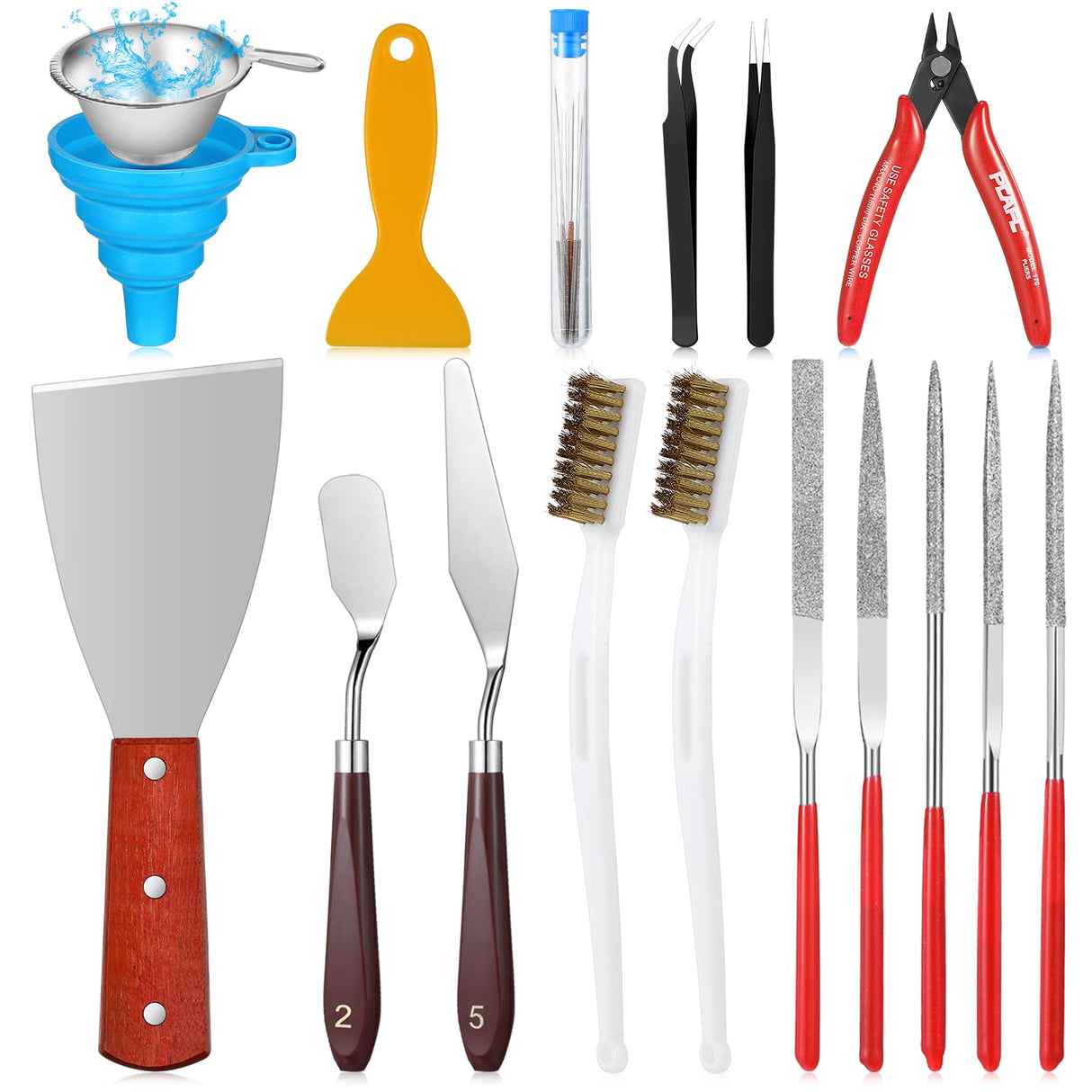 25 Pcs 3D Printer Tools Kit 3D Printing Accessories Include 2 Wire Brush 1 Putty Knife 1 Plastic Shovel 5 Diamond Files 2 Tweezer 10 Needles 1 Plier 1 Funnel 2 Scraper for Cleaning Removing Finishing Minatee