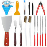 25 Pcs 3D Printer Tools Kit 3D Printing Accessories Include 2 Wire Brush 1 Putty Knife 1 Plastic Shovel 5 Diamond Files 2 Tweezer 10 Needles 1 Plier 1 Funnel 2 Scraper for Cleaning Removing Finishing Minatee