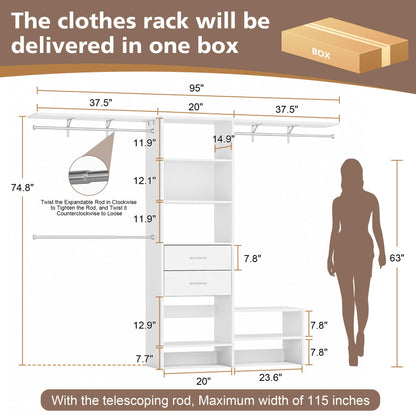 MJOMKN 8FT Closet System with Drawers, Walk-In Closet Organizer with 3 Adjustable Hanging Rods, Wood Closet Storage, Heavy Duty Clothes Rack, 96" L x 16" W x 75" H, Adjustable Wardrobe Rack,  - WoodArtSupply