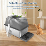 8" Deep Stainless Steel Litter Box with Lid, Top Entry Cat Litter Box for Dog-Proof, Enclosed Cat Litter Pan with Footboard, Odor Control, Anti-Leakage, Non-Sticky, Easy Cleaning (Charcoal Gray) suzzipaws