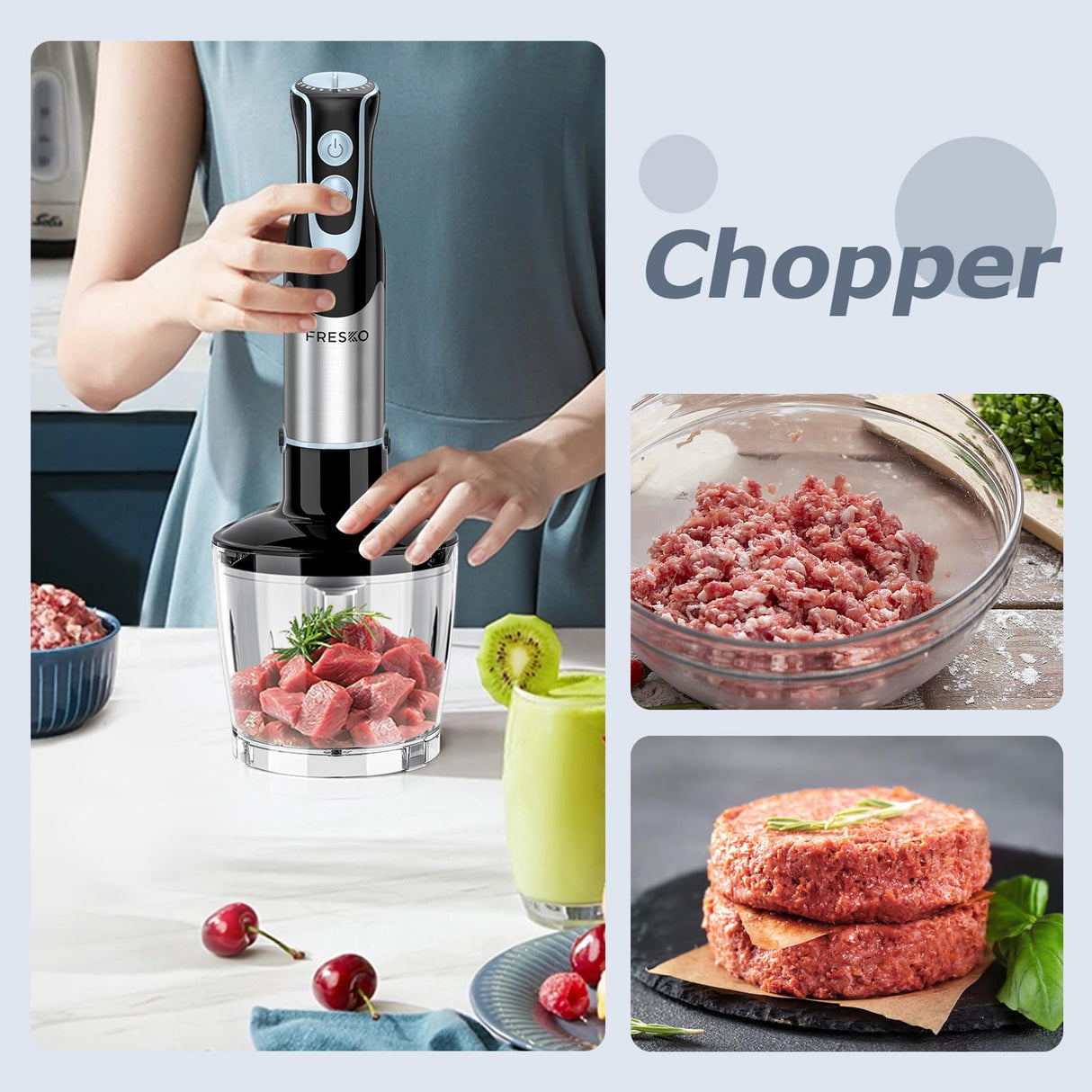 FRESKO Immersion Blender Handheld, 4-in-1 Stainless Steel Hand Stick Blender Electric with 12-Speeds & Turbo Mode, Powerful 500W Emulsion Blender with Beaker, Chopper & Whisk for Smoothies, Soup FRESKO