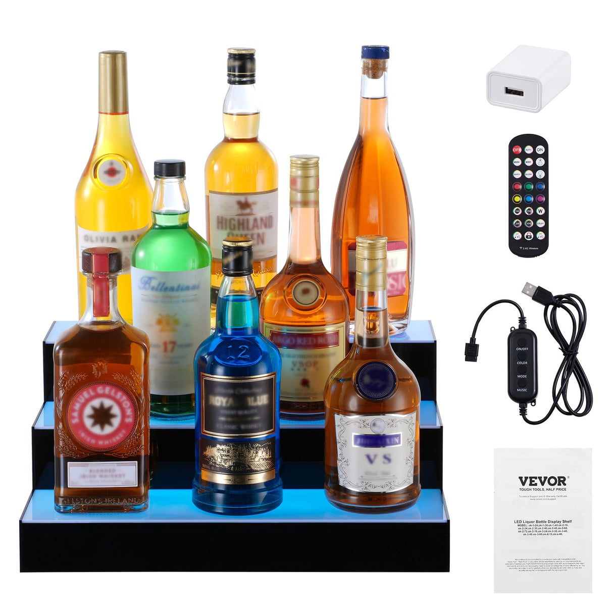 VEVOR LED Lighted Liquor Bottle Display, 3 Tiers 16 Inch Commercial Illuminated Home Bar Shelf, 3 Steps Whiskey Rack Stand, Acrylic Drink Shelves with RF Remote & App Control, and Multicolor Light VEVOR