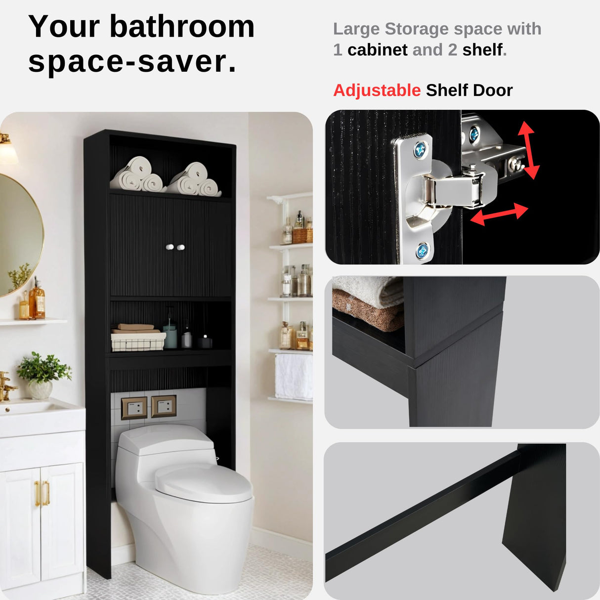 Tydaris Over The Toilet Storage Cabinet – Wood Bathroom Shelf Above Toilet with Double Doors, Bathroom Storage Cabinet Organizer, Black Tydaris