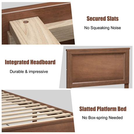 KOMFOTT Twin Size Wood Platform Bed Frame with Headboard, Wooden Mid Century Platform Bed with Slat Support & Under Bed Storage, Mattress Foundation Bed Base, No Box Spring Needed, Walnut KOMFOTT