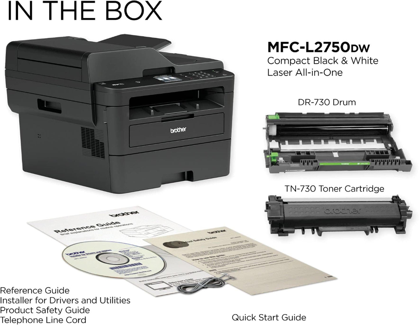 Brother MFC-L2750DW All-in-One Wireless Monochrome Laser Printer, Black - Print Copy Scan Fax - 36 ppm, 2400 x 600 dpi, Auto Duplex Printing, 50-Sheet ADF, 2.7" Touchscreen LCD, NFC, Ethernet, Tillsiy