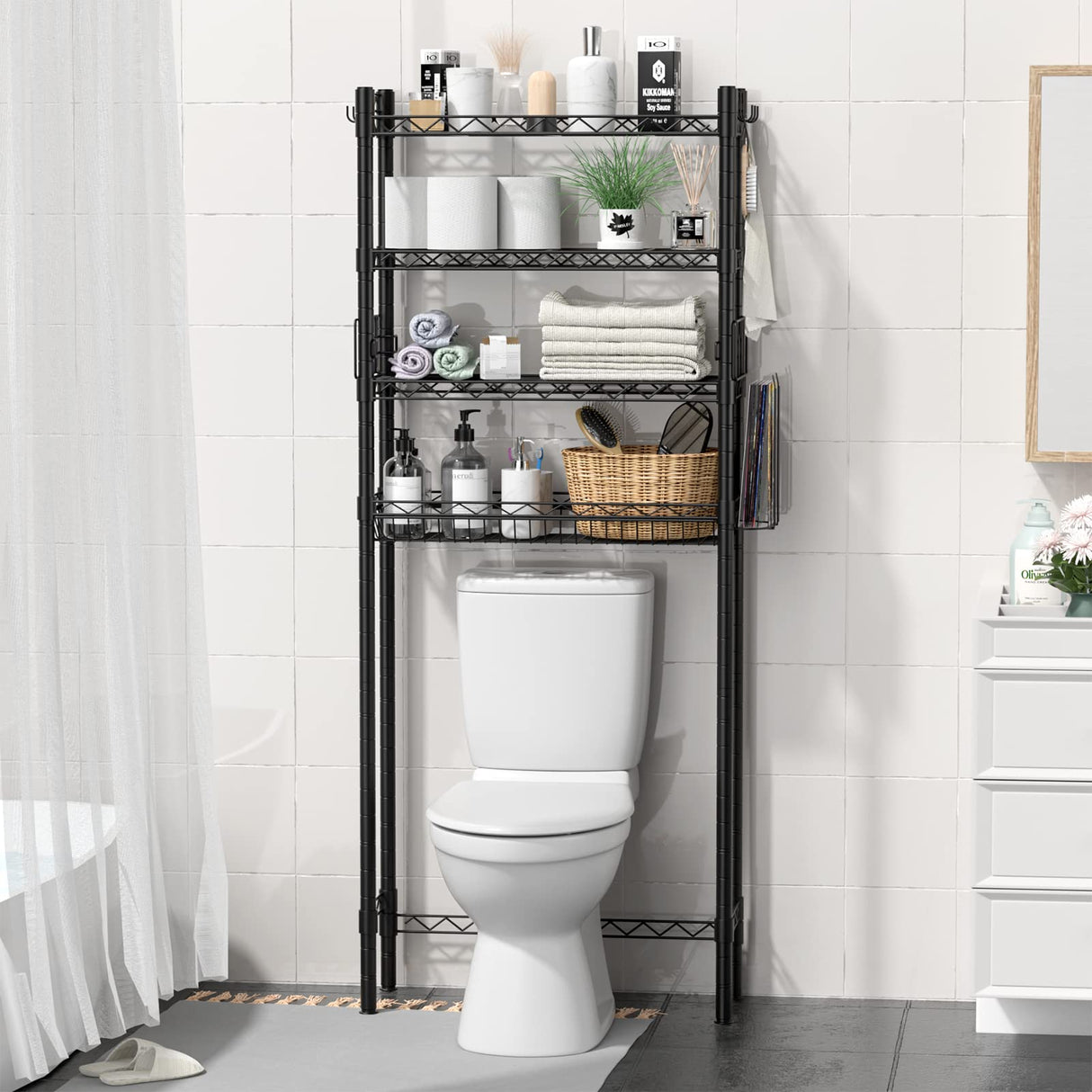 Hodonas Over Toilet Bathroom Organizer, 4-Tier Over The Toilet Storage Shelf Bathroom Shelves, Above Toilet Storage Rack Bathroom Space Saver, Black Hodonas