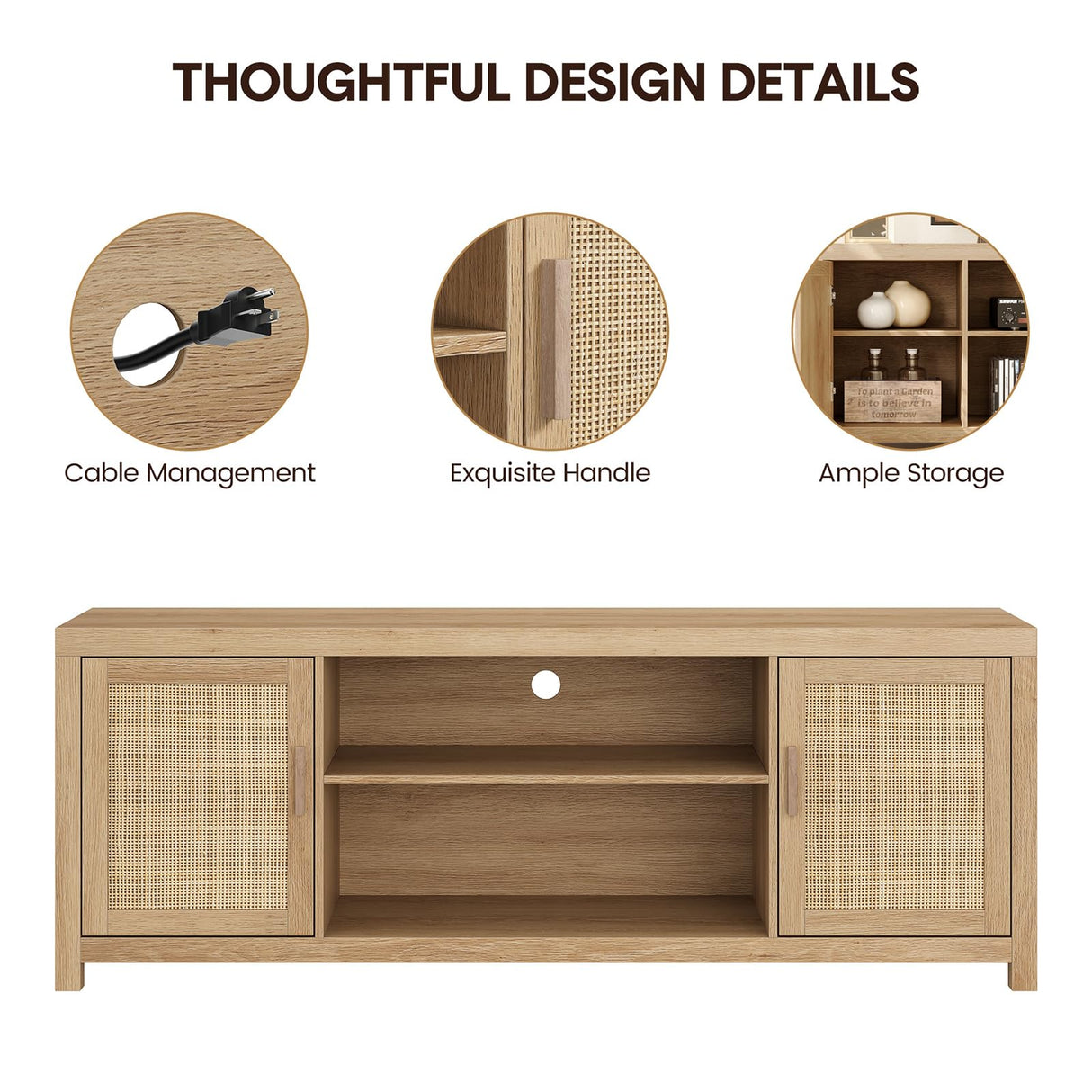 IDEALHOUSE Rattan TV Stand for 75 inch, Boho Entertainment Center with Adjustable Shelves, Natural Oak TV & Media Cabinet 2-Tier Storage for Living Room Bedroom IDEALHOUSE