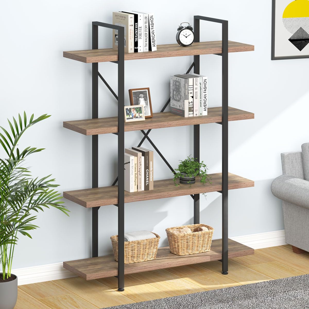 HSH Industrial 4-Tier Rustic Oak Bookshelf: Modern Metal & Wood Etagere for Versatile Home Storage - WoodArtSupply