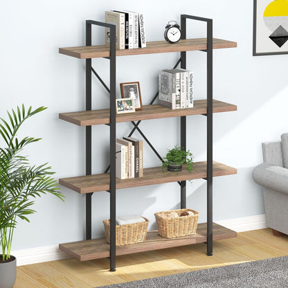 HSH Industrial 4-Tier Rustic Oak Bookshelf: Modern Metal & Wood Etagere for Versatile Home Storage - WoodArtSupply