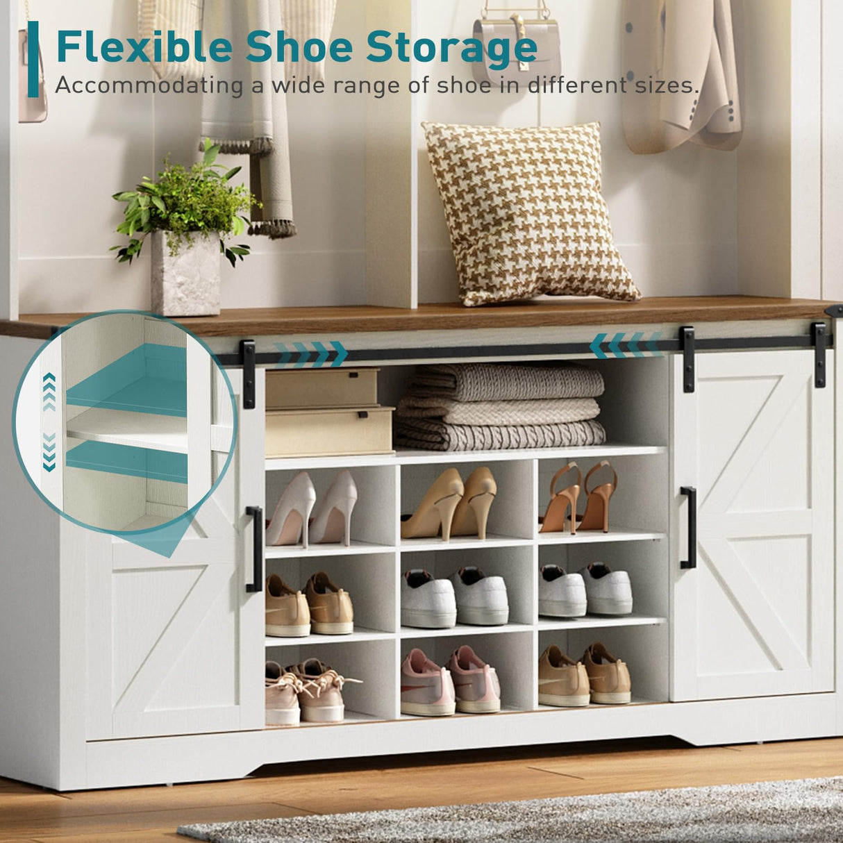 RALGEND Hall Tree with Bench and Shoe Storage, LED Coat Rack with 9 Shoe Cubbies and 12 Hooks, Sliding Barn Doors and Adjustable Shelves, for Foyer, Mudroom, Entryway, White and Walnut RALGEND