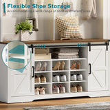 RALGEND Hall Tree with Bench and Shoe Storage, LED Coat Rack with 9 Shoe Cubbies and 12 Hooks, Sliding Barn Doors and Adjustable Shelves, for Foyer, Mudroom, Entryway, White and Walnut RALGEND