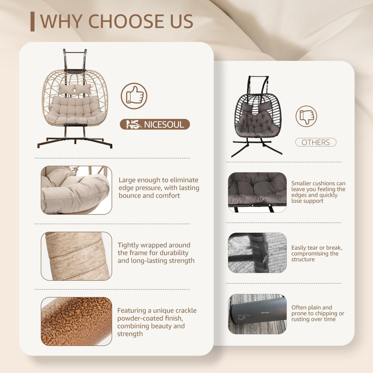 NICESOUL Oversized 2 Person Double Egg Chair Indoor Outdoor, Wide Large Swing Chair with Stand, All-Weather Patio Hanging Egg Hammock Seating, 700lbs Sturdy Porch Swings for Backyard, Cream with Cover NICESOUL