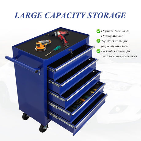 5 Drawer Rolling Tool Box,Blue Locking Tool Chest With Drawers,Tool Cabinets On Wheels for Garage Storage,Warehouse,Workshop,Repair Shop Mechanic Tool Cart BouPower