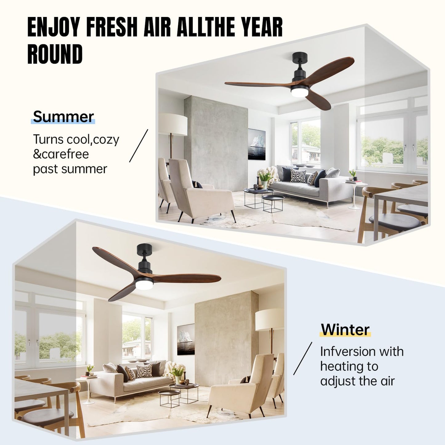 CACI Mall 60" Wood Ceiling Fan with Light,Outdoor for Covered Patios,LED,Remote,Solid Wood,Walnut Blades,Oil Rubbed Bronze Ceiling Fan for Living Room Kitchen Bedroom Family Dining Noiseless