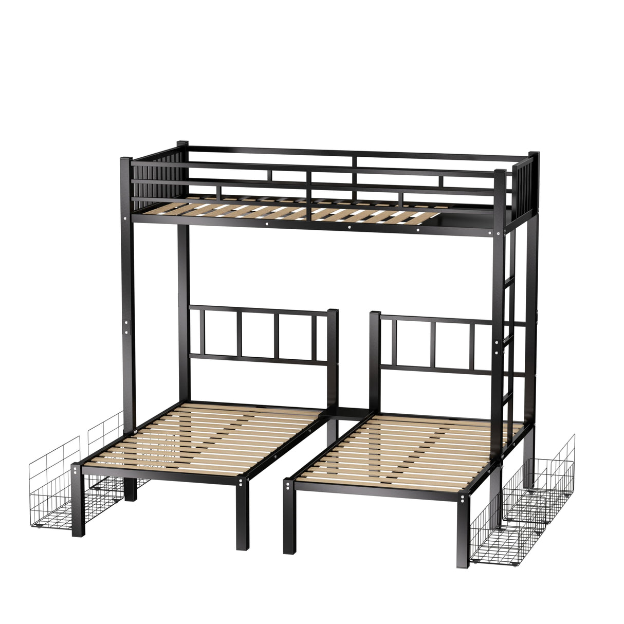 UOCFYK Twin L-Shaped Triple Bunk Bed with Drawers,Can be Divided into 3 Separate Beds w/Safety Textilene Guardrals & Ladder,Space Saving Design for 3 Kids & Teens, No Box Spring Needed, Black UOCFYK
