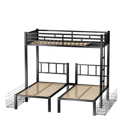 UOCFYK Twin L-Shaped Triple Bunk Bed with Drawers,Can be Divided into 3 Separate Beds w/Safety Textilene Guardrals & Ladder,Space Saving Design for 3 Kids & Teens, No Box Spring Needed, Black