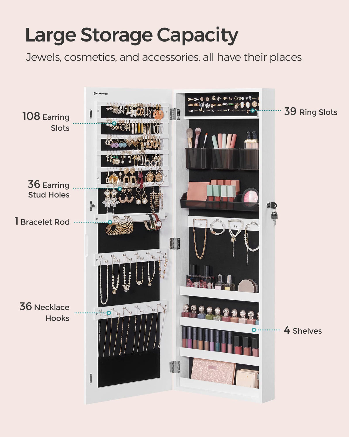 SONGMICS Jewelry Cabinet Armoire, Lockable Wall-Mounted Organizer Unit with 2 Plastic Cosmetic Storage Trays, Full-Length Frameless Mirror, White UJJC001W01 SONGMICS