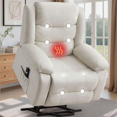 Korser Oversized Power Lift Recliner for Elderly, Electric Recliner Chairs with Massage and Heat, Extra Wide Recliner with Side Pockets, Reclining Chair for Living Room (Cashmere, Beige)