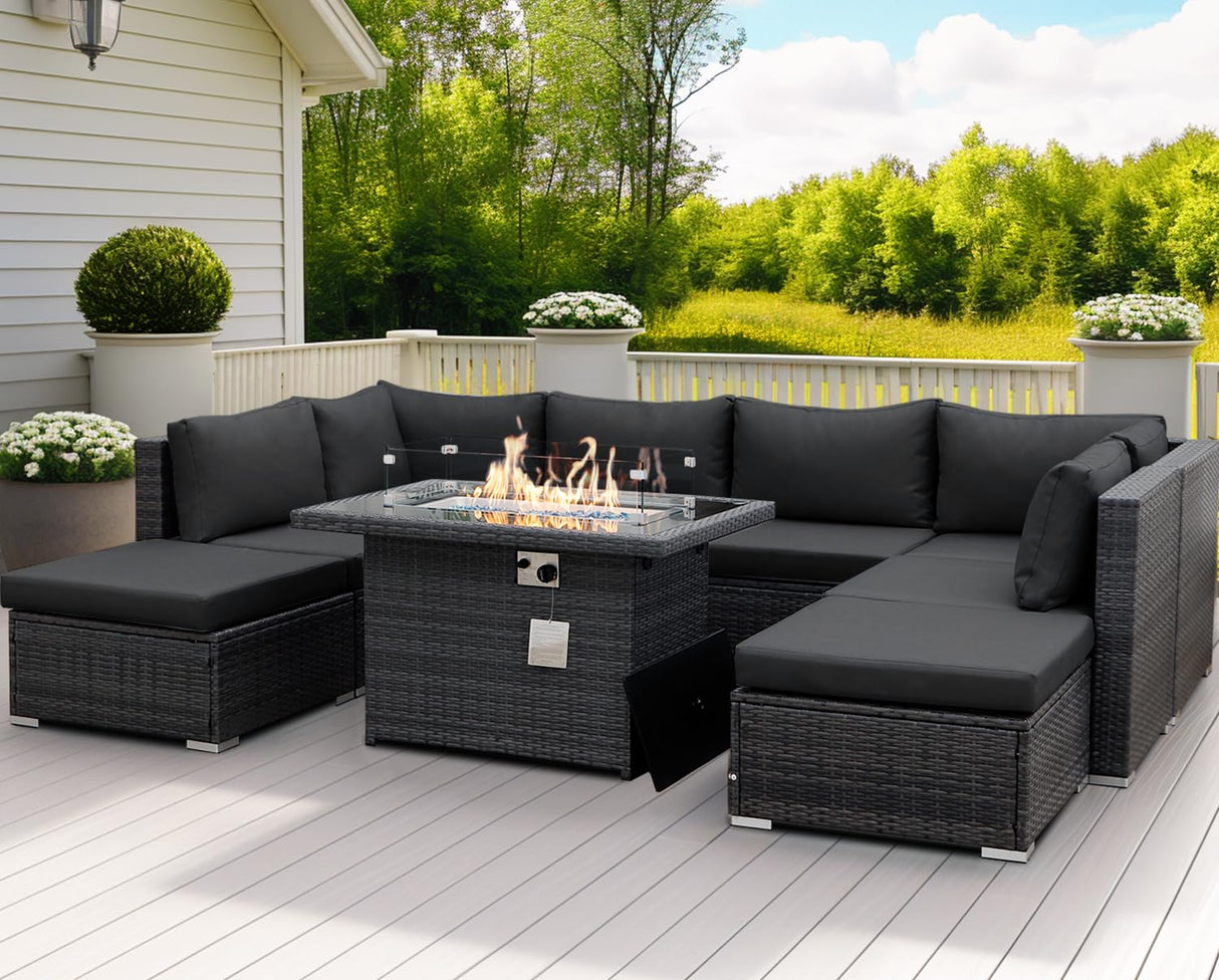 NICESOUL 8 Seater Outdoor Patio Furniture Sectional Sets with Firepits Table Natural Gas Propane, 29.3'' High Back Comfy Wicker Conversation, 9 Piece Deep Wide Modern Modular Sofa for Backyard, Grey NICESOUL