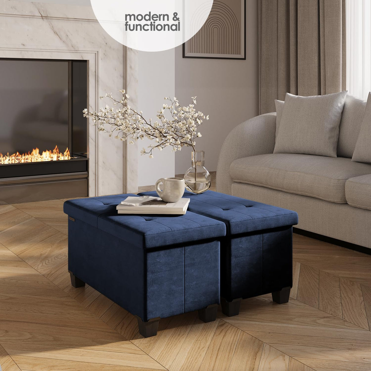 STORAGEBUD Storage Ottoman Bench with Bins, 30-in Storage Bench for Bedroom End of Bed, Folding Foot Rest Ottoman for Living Room Max 660lbs, Velvet Ottomans, Blue STORAGEBUD