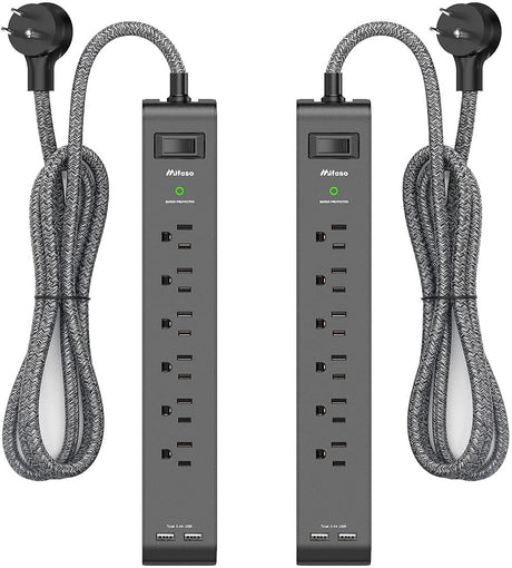 2 Pack Surge Protector Power Strip with 6 Outlets 2 USB Ports 5-Foot Long Heavy-Duty Braided Extension Cords Flat Plug 900 Joules 15A Circuit Breaker Wall Mount for Home Office ETL Listed Mifaso