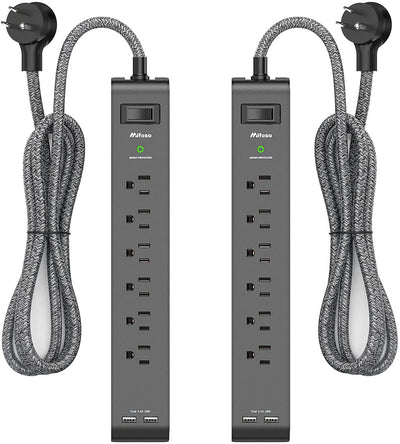 2 Pack Surge Protector Power Strip with 6 Outlets 2 USB Ports 5-Foot Long Heavy-Duty Braided Extension Cords Flat Plug 900 Joules 15A Circuit Breaker Wall Mount for Home Office ETL Listed
