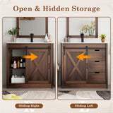 chartustriable 36 Inch Bathroom Vanity with Sink & Faucet & Mirror, Farmhouse Bathroom Vanity Cabinet Set with Sliding Barn Door & Drawers, Small Single Bath Storage Vanity Sink, Brown chartustriable