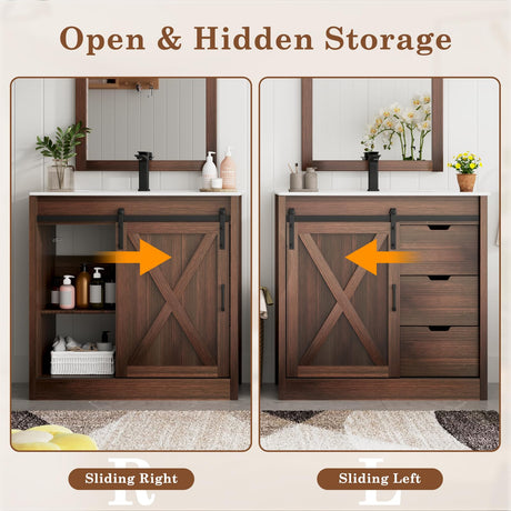 chartustriable 36 Inch Bathroom Vanity with Sink & Faucet & Mirror, Farmhouse Bathroom Vanity Cabinet Set with Sliding Barn Door & Drawers, Small Single Bath Storage Vanity Sink, Brown chartustriable