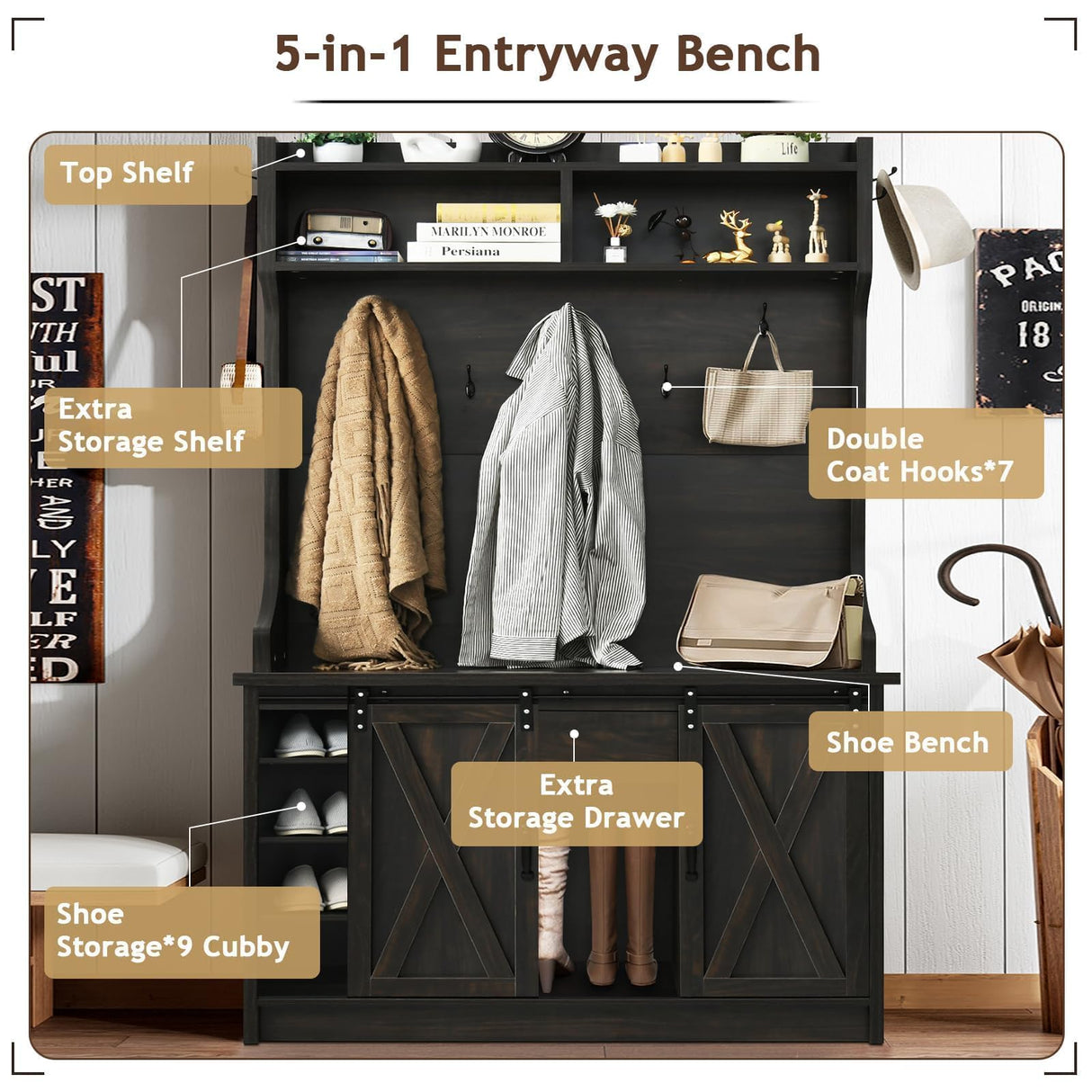 4ever2buy Farmhouse Hall Tree with Storage, 42 Inch Wide Entryway Bench with 2 Sliding Barn Doors, Brown Tall Hall Tree with Coat Rack & Shoe Storage for Living Room 4ever2buy
