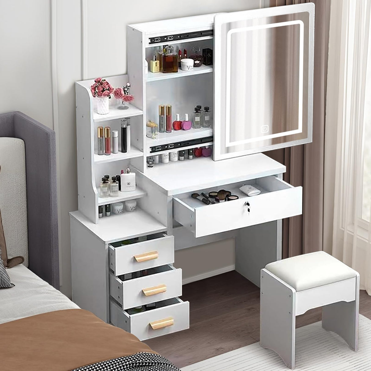 BOSTANA Vanity Desk with Lights,Makeup Vanity with Mirror,Small Vanity with 4 Drawers&Storage Shelves,Vanity Desk with LED Lights,Extra Large Sliding Mirror,3 Lighting Modes,Brightness Adjustable BOSTANA