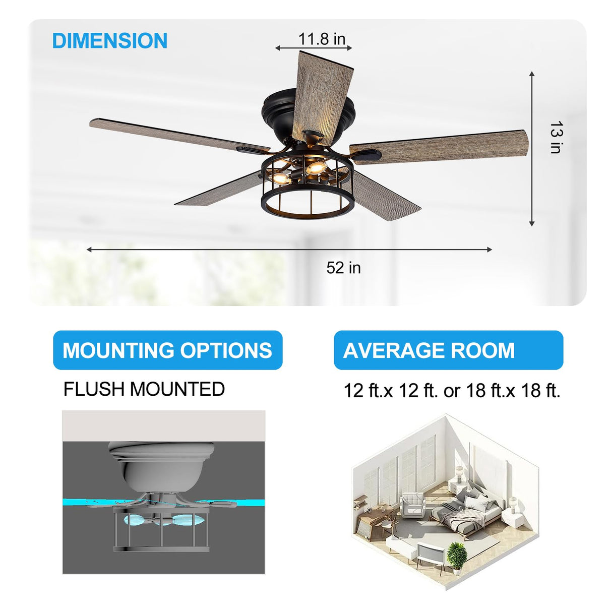 Breezary 52 Inch Flush Mount Farmhouse Ceiling Fan with Light and Remote, Reversible AC Motor, 5 Dual Finish Blades, Industrial Low Profile Black Ceiling Fan light for Bedroom Home Breezary