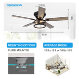 Breezary 52 Inch Flush Mount Farmhouse Ceiling Fan with Light and Remote, Reversible AC Motor, 5 Dual Finish Blades, Industrial Low Profile Black Ceiling Fan light for Bedroom Home Breezary