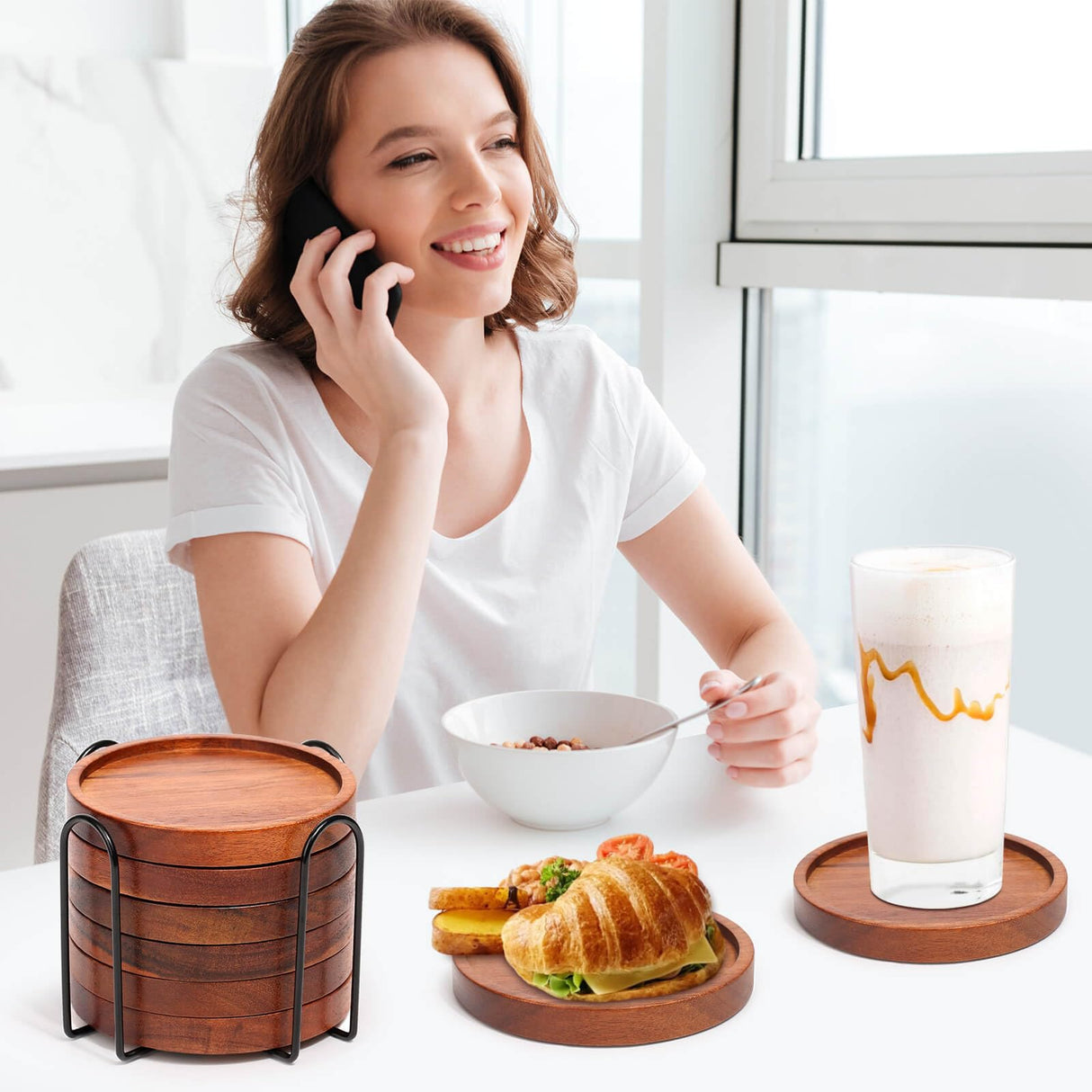 Mckanti Wooden Coasters Set of 6 with Holder, Acacia Wood Drink Coasters for Farmhouse, Patio, Bar Decoration Mckanti