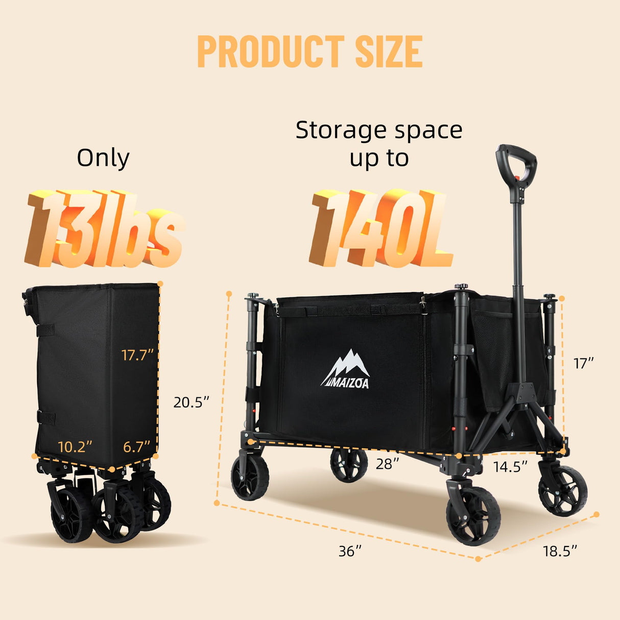 MAIZOA Collapsible Wagon with Large Capacity, 330lbs Heavy Duty Beach Wagon Outdoor Utility Cart with Dual Side Zipper, Utility Grocery Wagon for Camping Shopping Sports MAIZOA